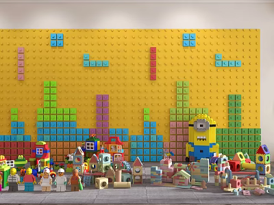 Yellow Building Blocks Wall With Colorful Bricks Minion Figure Houses And Vehicles 3d model