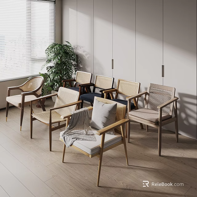 Modern Single Chairs In Interior With Wooden Frame Woven Backrest And Cushions 3d model 