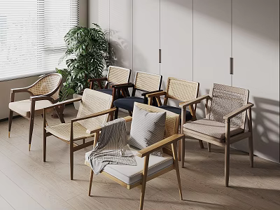 Modern Single Chairs In Interior With Wooden Frame Woven Backrest And Cushions 3d model