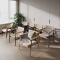 Modern Single Chairs In Interior With Wooden Frame Woven Backrest And Cushions