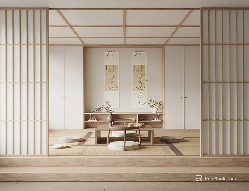 Japanese Tatami Bedroom With Shoji Doors Grid Ceiling Scroll Paintings Low Table And Floor Cushions 3d model 