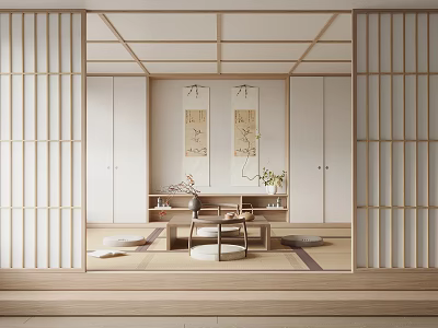 Japanese Tatami Bedroom With Shoji Doors Grid Ceiling Scroll Paintings Low Table And Floor Cushions 3d model