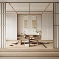 Japanese Tatami Bedroom With Shoji Doors Grid Ceiling Scroll Paintings Low Table And Floor Cushions