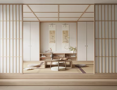 Japanese-style Log-style Tatami Tea Room Lifting Tea Table Entertainment Room Tatami Bedroom Hanging Painting sliding door Decorative Cabinet Bonsai 3d model