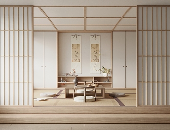 Japanese-style Log-style Tatami Tea Room Lifting Tea Table Entertainment Room Tatami Bedroom Hanging Painting sliding door Decorative Cabinet Bonsai 3d model