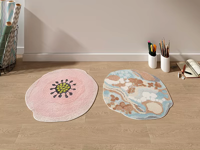 Stylish Irregular Shape Rugs With Pink Floral And Blue Brown Abstract Patterns For Home Decor 3d model