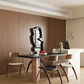 Modern Dining Table and Chairs Set with Black Irregular Mirror on Brown Wooden Wall