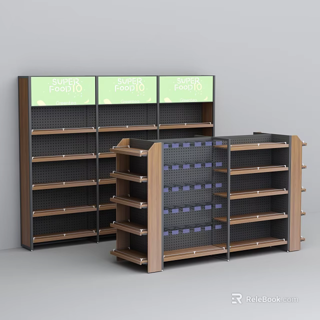 Wooden And Metal Retail Display Shelves With Multiple Layers For Organic Foods 3d model 