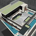 Modern Sales Office Building with Glass Facade Open Courtyard and Water Features