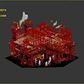 Vibrant Cartoon Scene With Traditional Red Multi layered Buildings Lanterns Smoke And Figures
