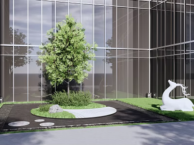 Tall Arbor In Modern Glass Curtain Wall Building Courtyard With Lawn Stone And Deer Sculpture 3d model