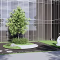 Tall Arbor In Modern Glass Curtain Wall Building Courtyard With Lawn Stone And Deer Sculpture