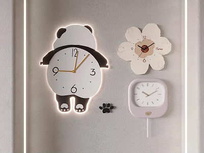 Cute Panda Flower And Square Clocks On Light Gray Wall 3d model Cute Panda Flower And Square Clocks On Light Gray Wall 3d model