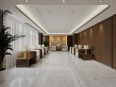 Modern Office Interior Design With Spacious Layout Marble Floor Wooden Walls And Green Plants 3d model