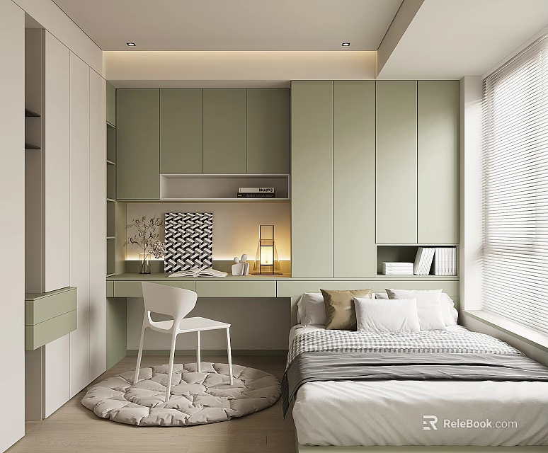 Tatami Bedroom Interior Design With Green Cabinets Bed Desk Chair Round Rug And Window Blinds 3d model 