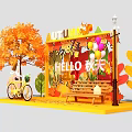 Autumn Themed Photo Check-in Spot With Fall Leaves Hello Autumn Sign Yellow Bicycle And Bench