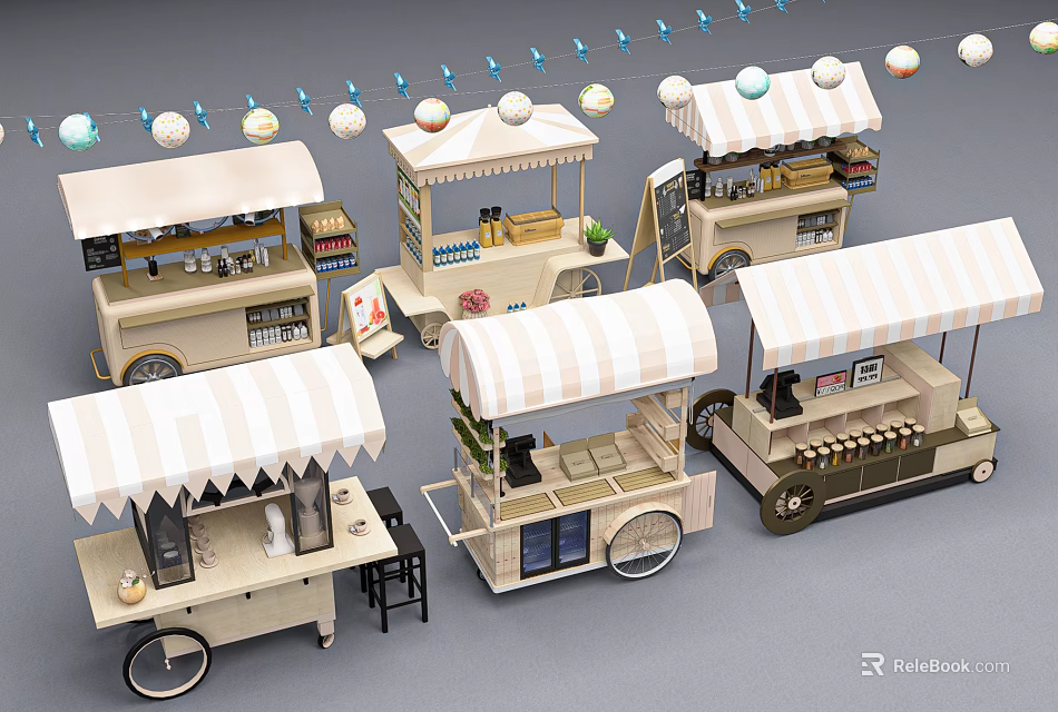 Various Designed Mobile Food Carts With Striped Canopies For Street Service 3d model 