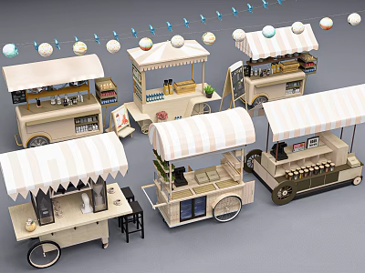 Various Designed Mobile Food Carts With Striped Canopies For Street Service 3d model