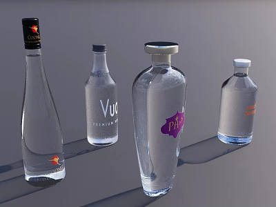 Collection of Transparent Liquor Bottles with Various Labels on Gray Background 3d model