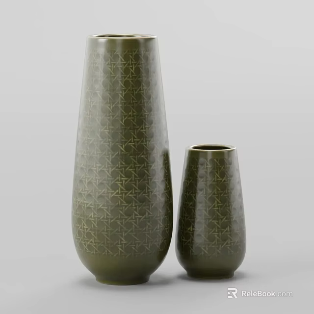 Green Ceramic Vases With Geometric Patterns In Two Sizes For Home Decor 3d model