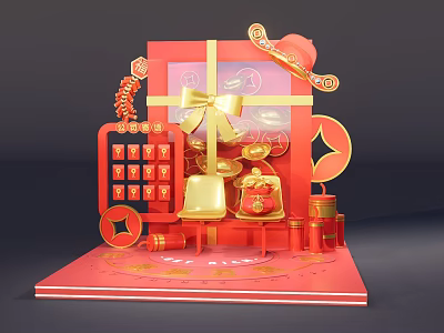 Festive Chinese New Year Photo Check In Spot With Gift Box Red Envelopes Golden Decorations 3d model