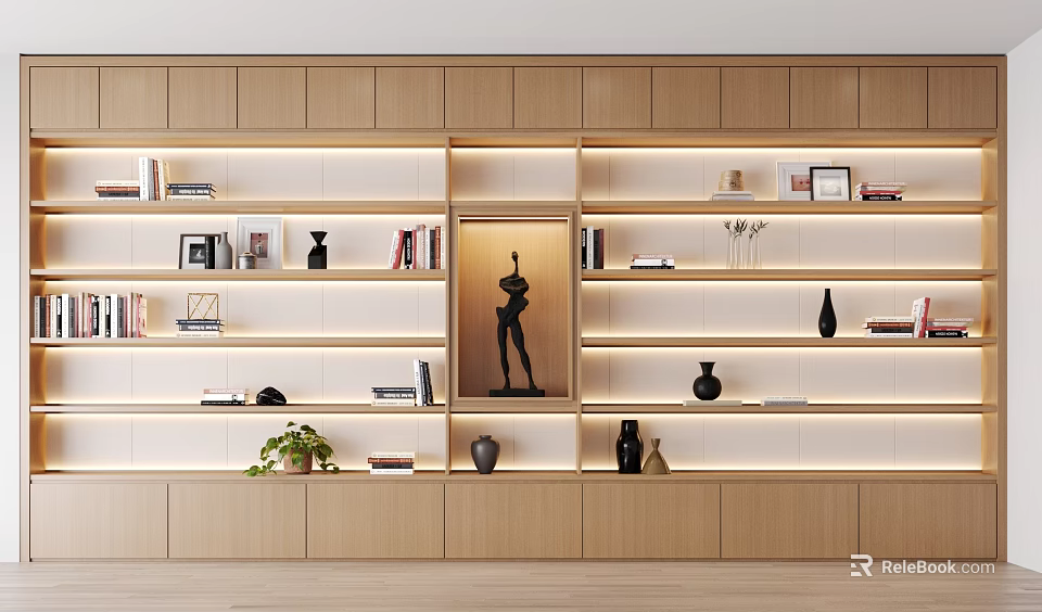 Modern Study Room Built in Wooden Bookcase with LED Lighting Decorations and Books 3d model 