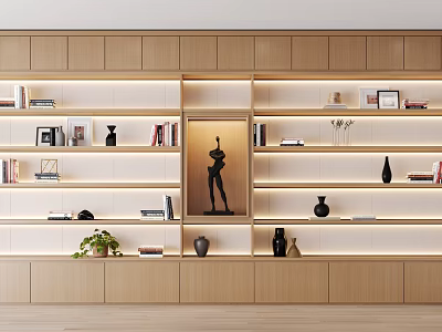 Modern Study Room Built in Wooden Bookcase with LED Lighting Decorations and Books 3d model