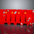 Red Plastic Traffic Barrier With Connected Units And Orange Dots Stickers