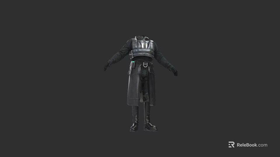 Detailed Game and Movie Character Black Long Coat Belt and Boots Costume Design 3d model 