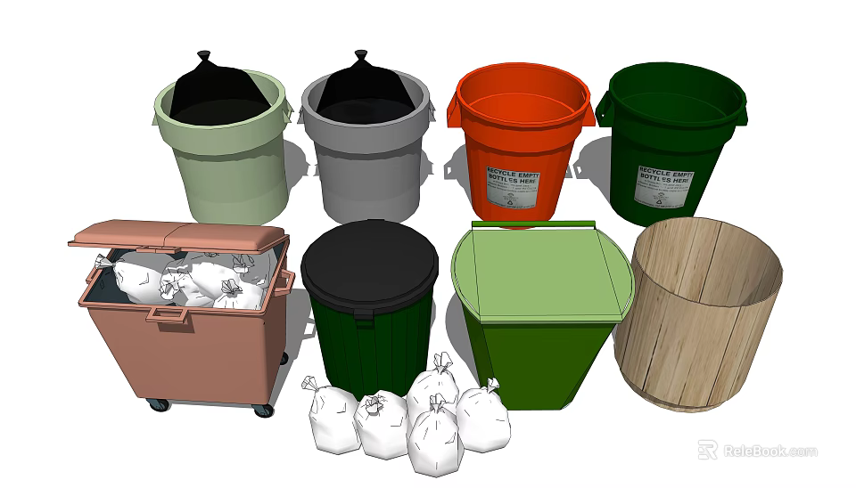 Public Facility Waste Management With Various Colored Trash Bins And Garbage Bags 3d model 
