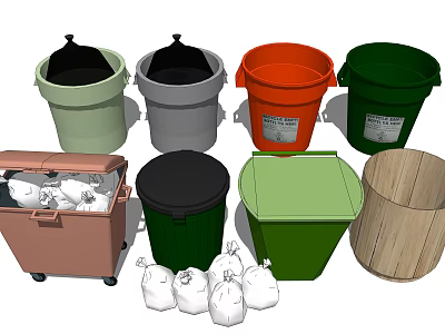 Public Facility Waste Management With Various Colored Trash Bins And Garbage Bags 3d model