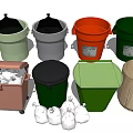 Public Facility Waste Management With Various Colored Trash Bins And Garbage Bags