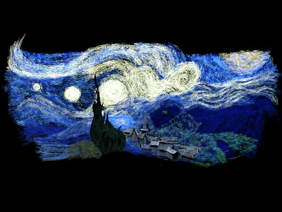 Starry Night Landscape With Swirling Blue Clouds Bright Moon And Village 3d model