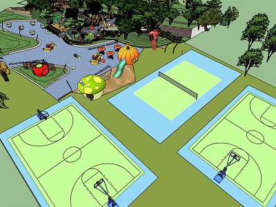Vibrant Kids Playground With Basketball Courts Tennis Court Slide And Mushroom Structures 3d model