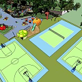 Vibrant Kids Playground With Basketball Courts Tennis Court Slide And Mushroom Structures