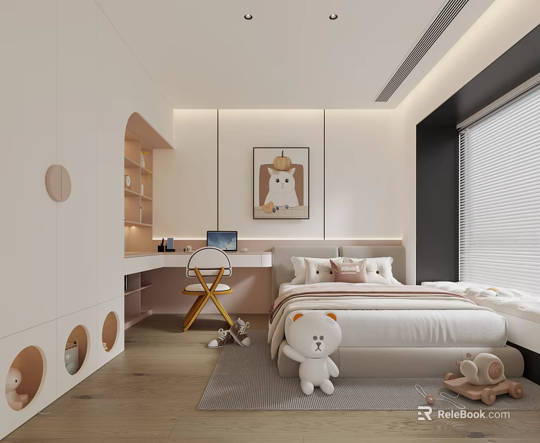 Cozy Kids Room Interior With Bed Desk Chair Stuffed Toys Decorative Painting And Round Cutouts 3d model 