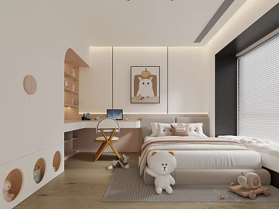 Cozy Kids Room Interior With Bed Desk Chair Stuffed Toys Decorative Painting And Round Cutouts 3d model