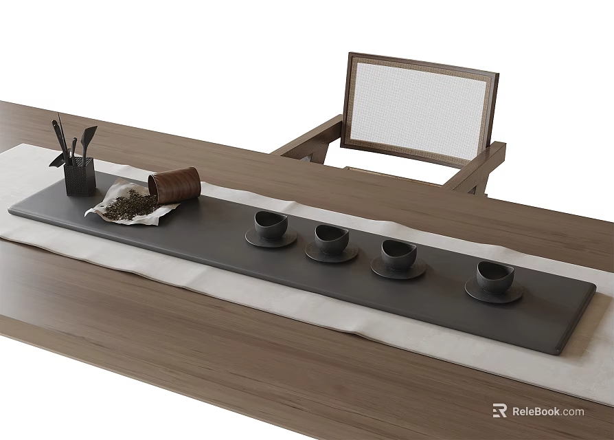 Elegant Tea Set on Wooden Table with Long Tray Four Teacups and Tea Utensils 3d model 