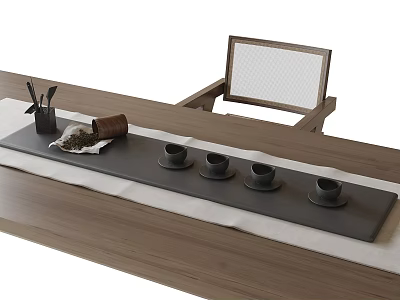 Elegant Tea Set on Wooden Table with Long Tray Four Teacups and Tea Utensils 3d model