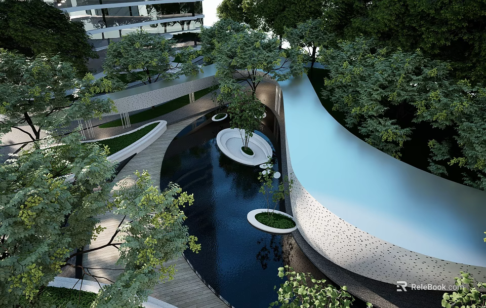 Modern Pergola Design With Lush Green Trees Serene Water Pond And Wooden Walkway 3d model 