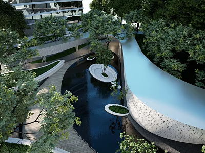 Modern Pergola Design With Lush Green Trees Serene Water Pond And Wooden Walkway 3d model