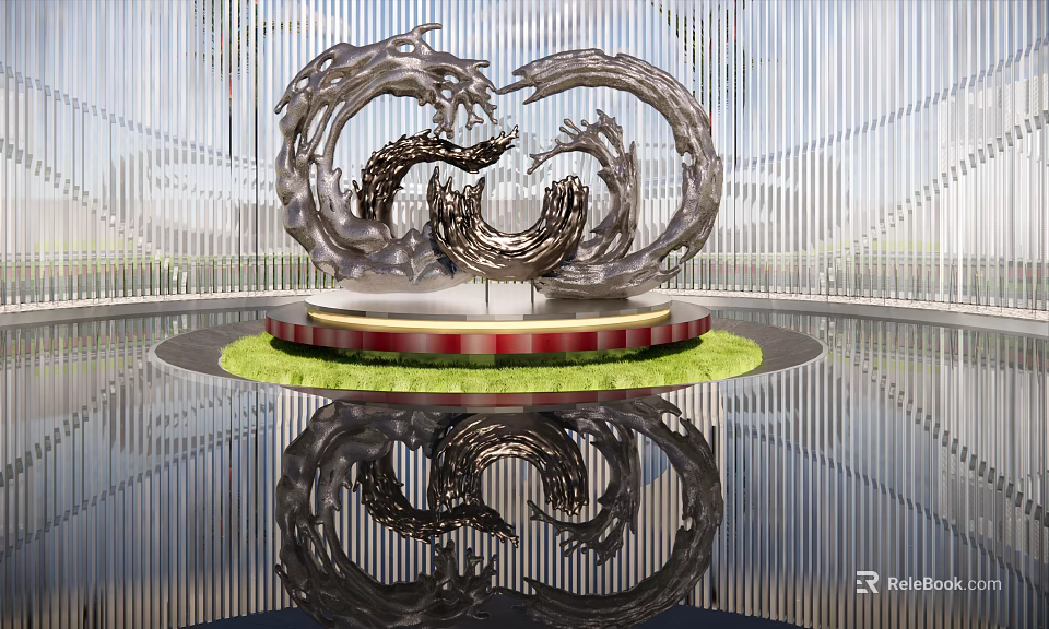 Sleek Metallic Wave Sculpture on Red Pedestal with Green Lawn Floor Reflection 3d model 