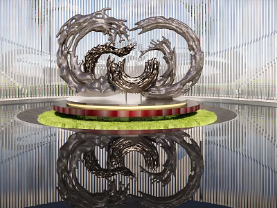 Sleek Metallic Wave Sculpture on Red Pedestal with Green Lawn Floor Reflection 3d model