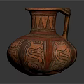 Ancient Red And Black Ceramic Jar With Geometric Patterns And Handle