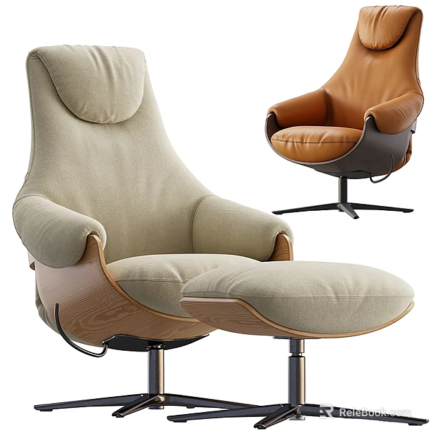 Modern Lounge Chairs Featuring Beige Fabric Ottoman And Brown Leather Swivel Design 3d model 