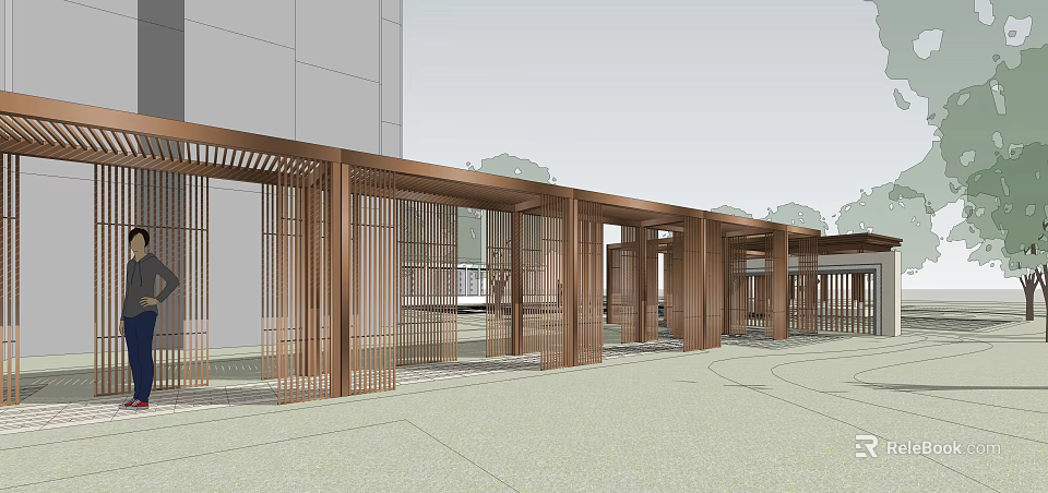 Garden Landscape With Wooden Pergola And Lattice Design Columns In Open Area 3d model 