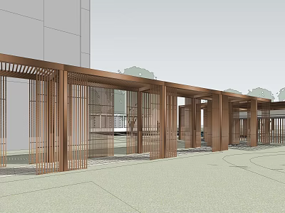 Garden Landscape With Wooden Pergola And Lattice Design Columns In Open Area 3d model