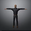 Bald Man In Dark Shirt Pants With Brown Belt Shoes Arms Outstretched Against Gray Background