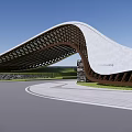 Modern Entrance Gate With Curved White Roof Wooden Structure Green Lawn And Trees