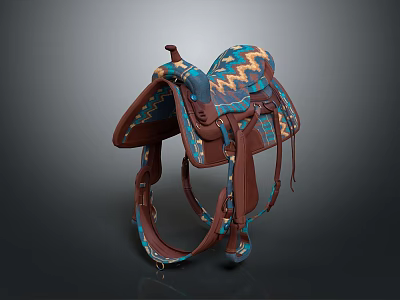 Brown Leather Saddle With Blue Yellow Geometric Patterns And Decorative Straps 3d model